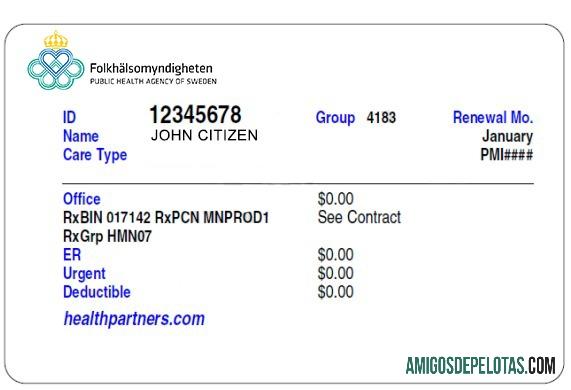 Cartão de seguro saúde da Suécia exemplo